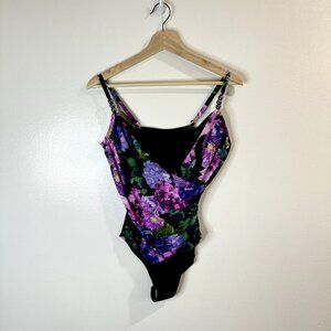NWOT Magicsuit One Piece Swimsuit Size 8 Purple Black Floral Slimming Wrap Bead